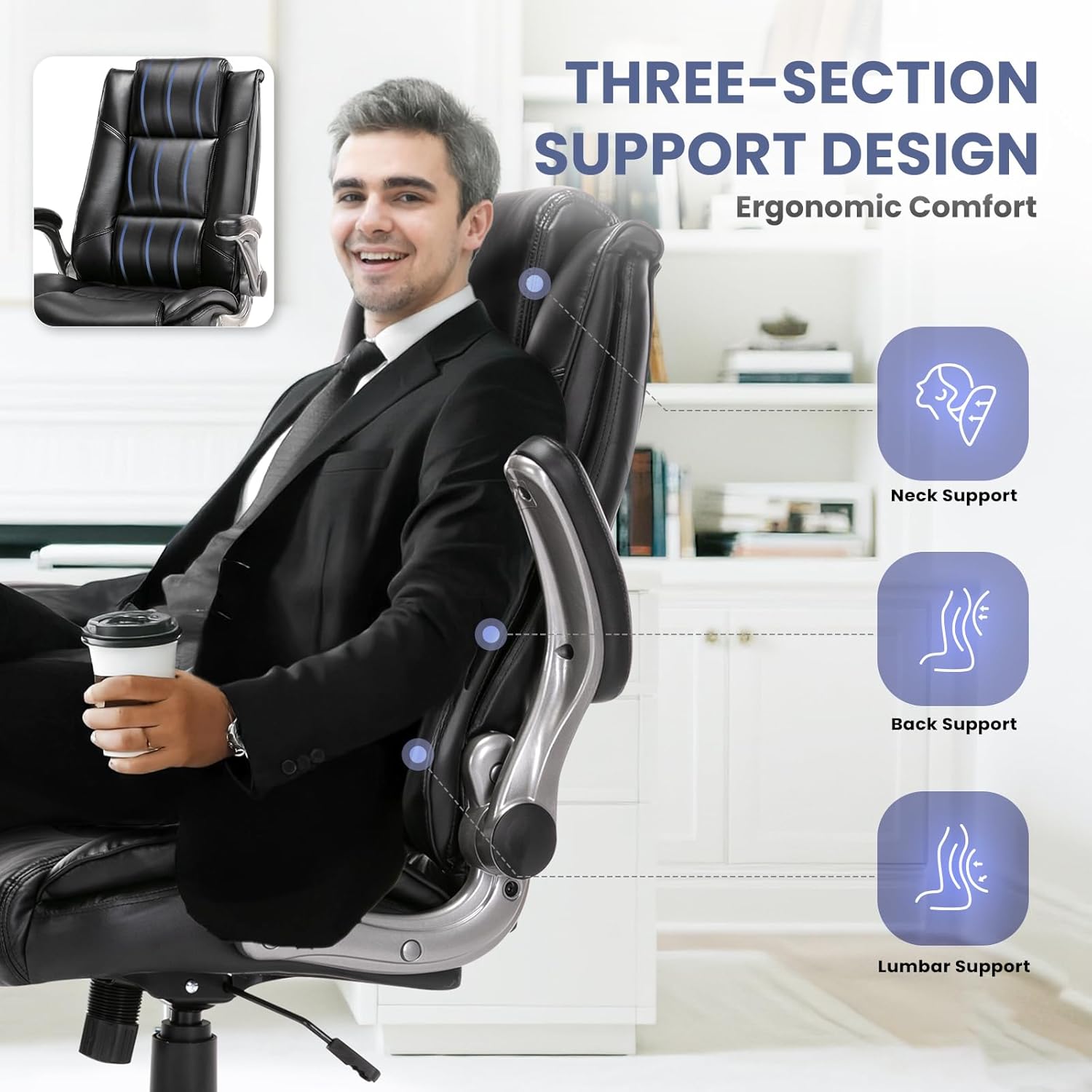 COLAMY Leather Executive Office Chair - High Back Home Computer Desk Chair with Padded Flip-up Arms, Adjustable Tilt Lock, Swivel Rolling Ergonomic Chair for Adult Working Study, Black - Image 7