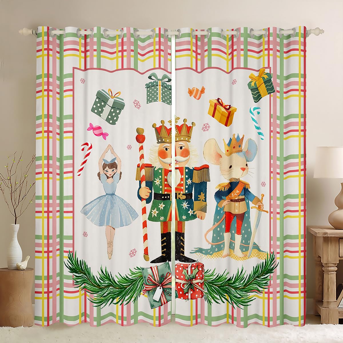 richhome Nutcracker Christmas Curtains for Bedroom Living Room Princess and Knight Blackout Drapes Tree Window Treatments, 2 Panels W46*L54 Colorful Plaid Room Decor