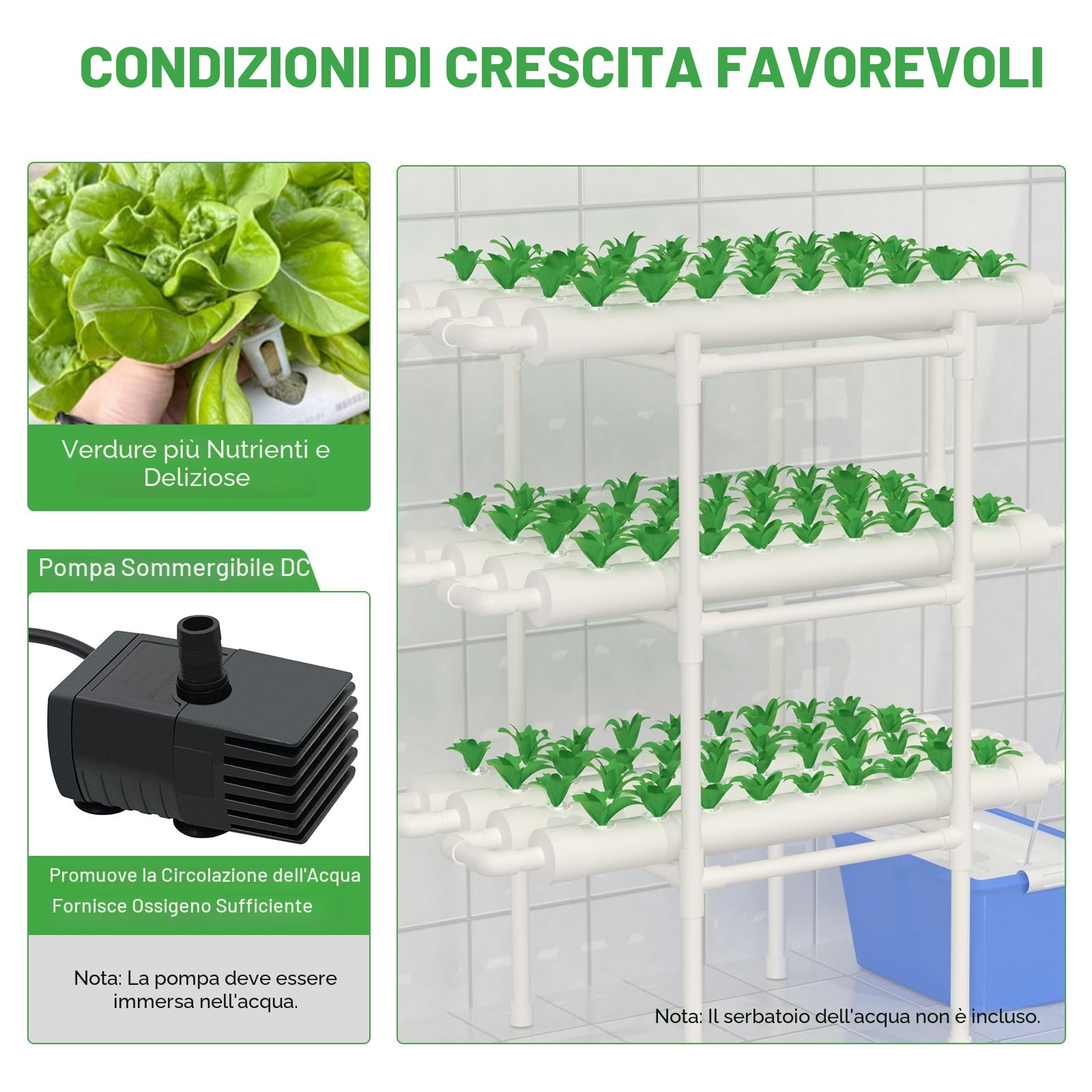 Kit Sistema di Coltivazione Idroponica a 3 Livelli 108 Posti per Ortaggi Kit di Coltivazione Idroponica Sistema di Coltivazione Senza Suolo in PVC Kit Idroponici per Ortaggi a Foglia.