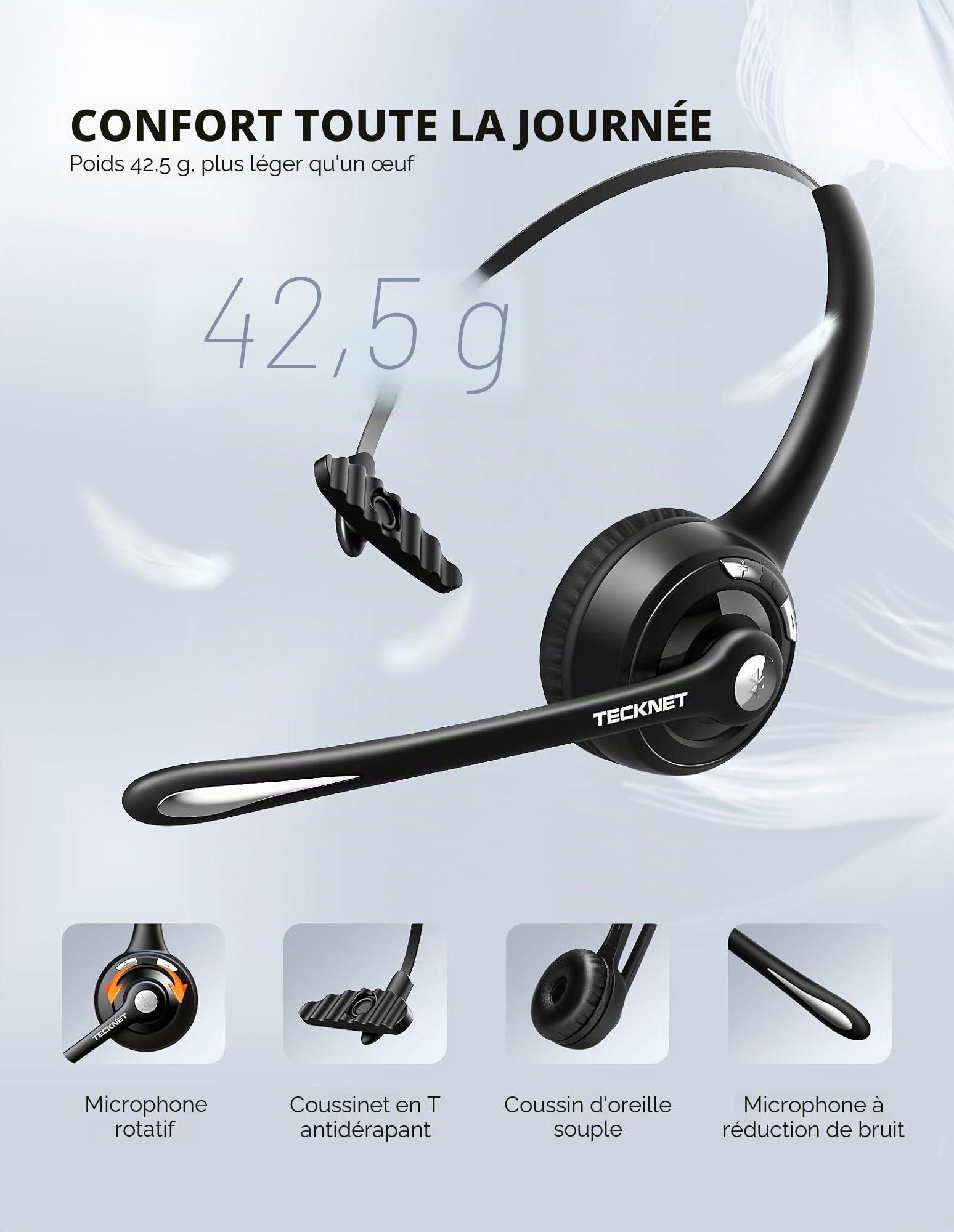 TECKNET Casque Bluetooth sans Fil avec Microphone Antibruit Mains Libres