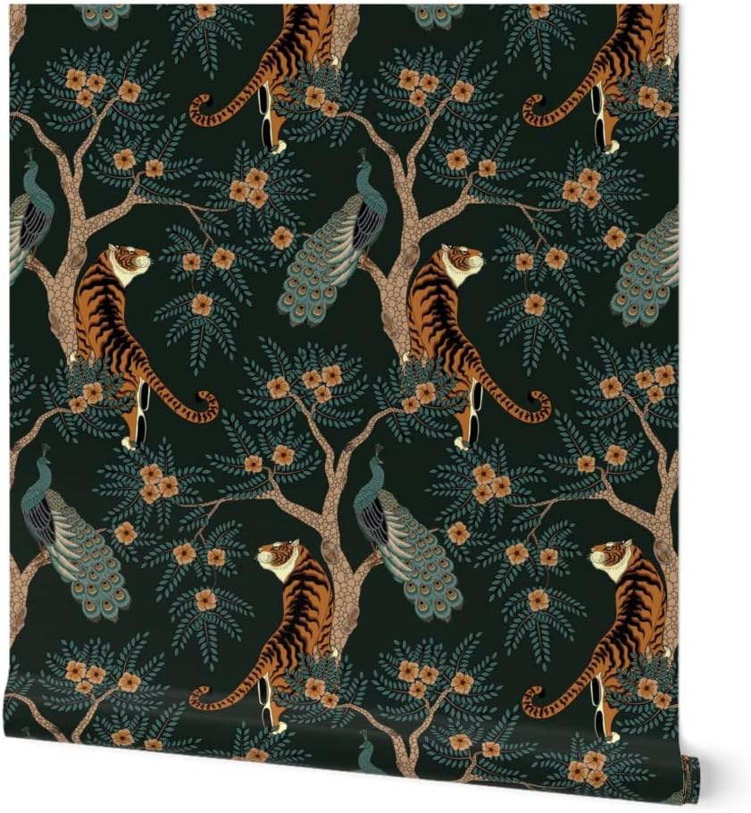 Spoonflower Peel & Stick Wallpaper 6ft x 2ft - Tiger Peacock Bird Asian Flowers Floral Chinese Tree Dark Custom Removable Wallpaper