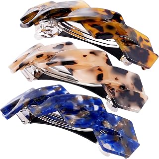 HYFEEL Hair Barrettes Large French Clips Wide Hair Clasp for Women Thick Fine Hair Accessories - Blue Tortoiseshell - 3Pcs (Navy Blue, Brown)