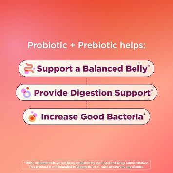 OLLY Probiotic + Prebiotic Gummy, Digestive Support and Gut Health, 500 Million CFUs, Fiber, Adult Chewable Supplement for Men and Women, Peach, 60 Day Supply - 60 Count