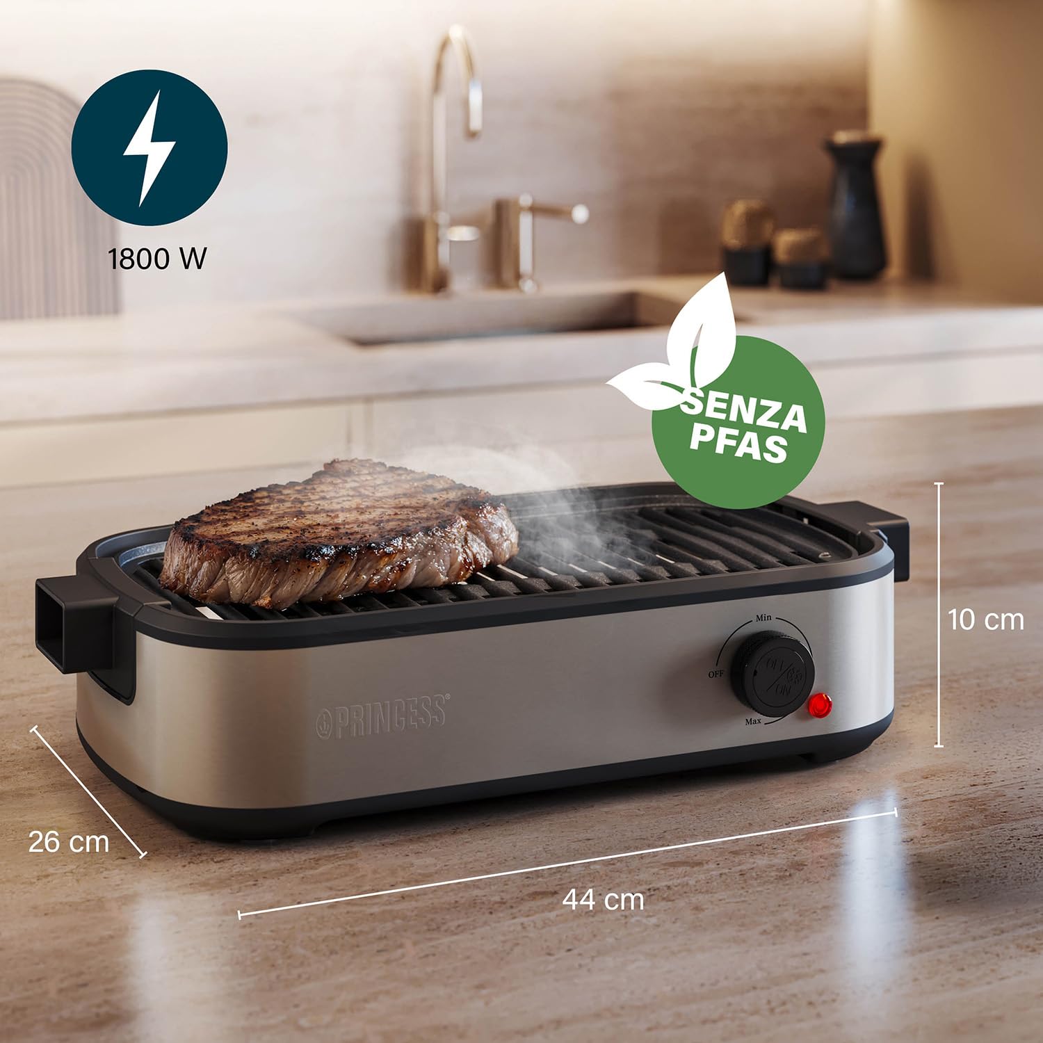 Princess Table Chef Grill da tavolo Purify, griglia elettrica senza fumo con sistema di filtraggio dell'aria, termostato regolabile, strato in ceramica senza PFAS, superficie di cottura 35 x 21 cm