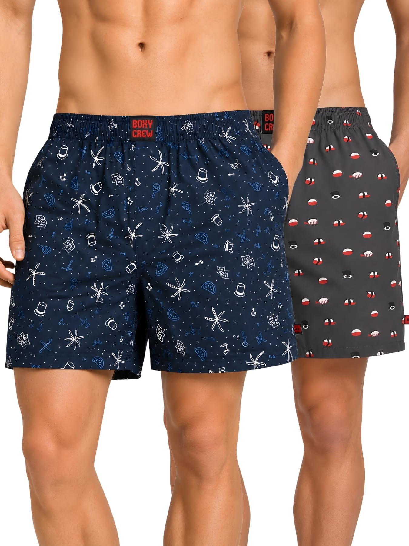 boxy crew Men Boxer Shorts Pack of 2, 100% Cotton Woven Boxers, Blue & Charcoal, Printed Designs, Dual Side Pockets, No-Marks Inner Elastic Waistband, Relaxed Fit Lounge & Sleep Shorts-picture-35