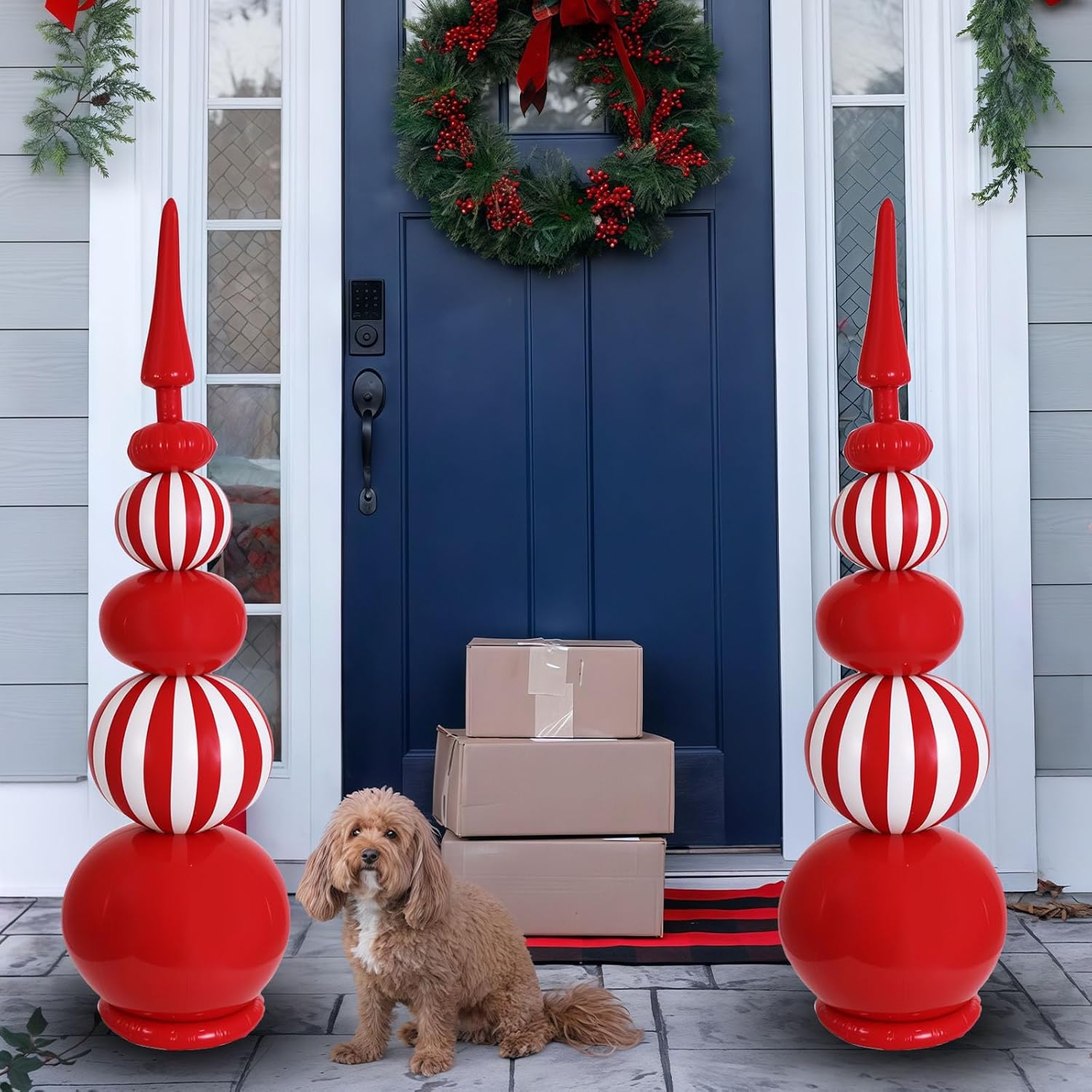 4.3Ft 2 Pcs Large Inatable Christmas Ornaments Balls Outdoor, Topiary Decorations for Urn Porch, Yard Garden Garden Easter Decor,Red