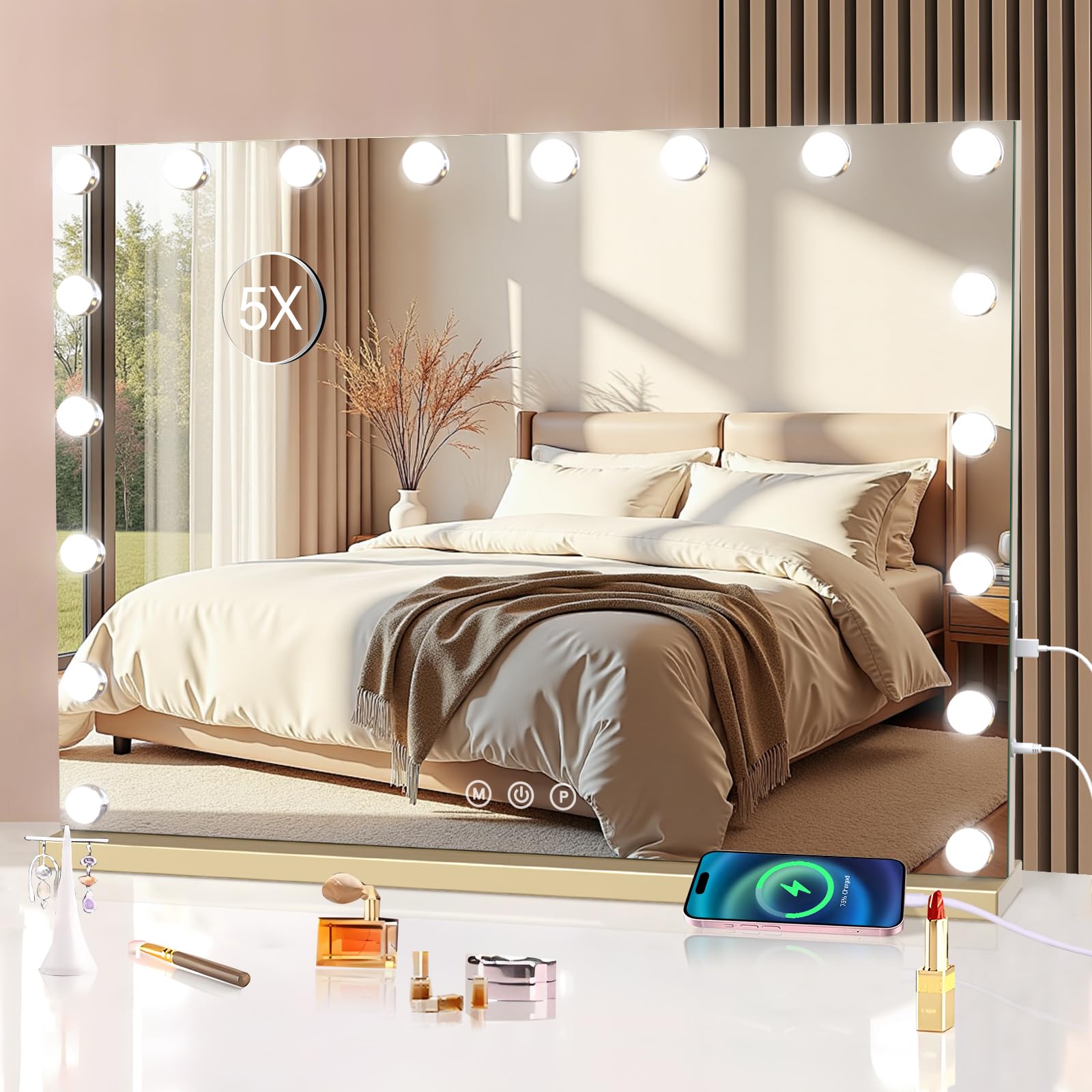 halumao Vanity Mirror with Lights, 80 x 60CM Large Makeup Mirror with LED Lights, Smart Touch Dimmable 3-Color Light, Memory Function, USB Charging Port