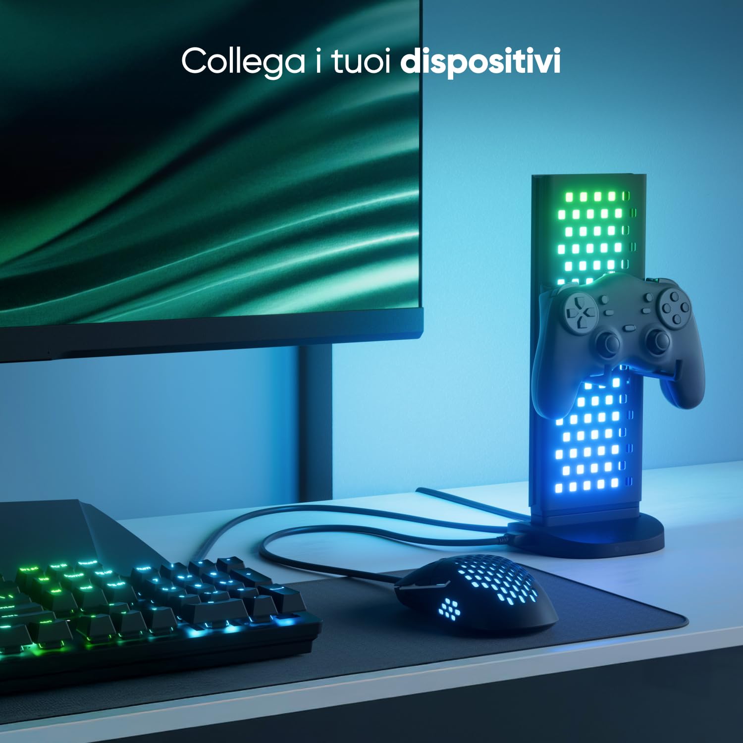 Nanoleaf Hub Luminoso per Gaming, Lampada Tavolo Intelligente RGB 3in1, Supporto Cuffie/Controller, Illuminazione Doppia Faccia, Dock USB-C, Sync Musica e Schermo via App, Luce Ambientale Gaming