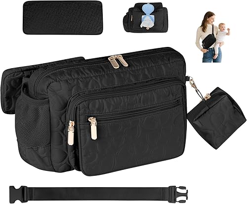 Rexmore Riñonera para pañales con cambiador portátil, cintura cruzada ajustable para mujer, Negro, Bolsa de pañales pequeña de moda