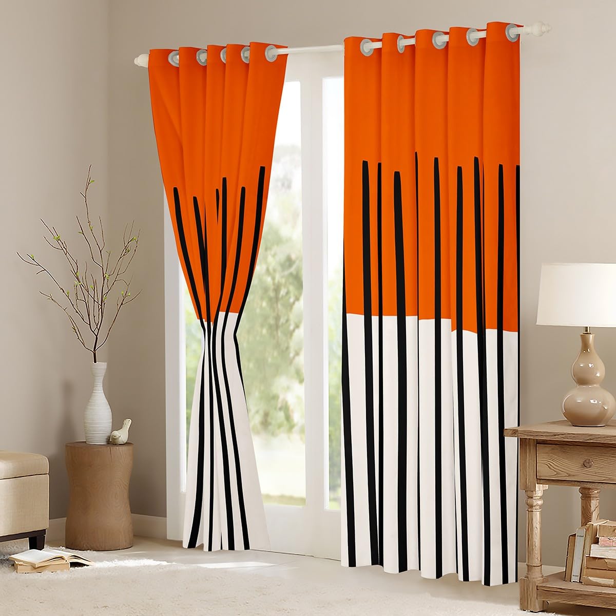 Homewish Pomarańczowo-białe zasłony zaciemniające 117 x 137 cm, 2 zestawy paneli do sypialni - czarne pionowe zasłony okienne w paski do salonu - abstrakcyjne geometryczne zasłony okienne nowoczesne