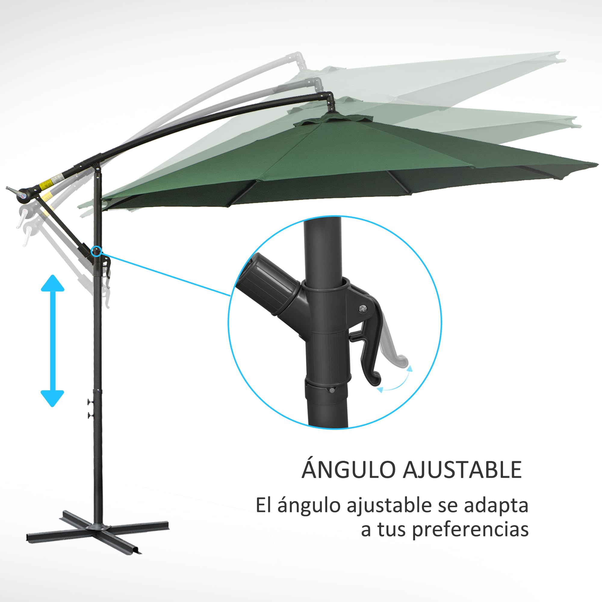 Outsunny Parasol Excéntrico Ø 295 cm Sombrilla de Jardín con Ángulo Ajustable en 3 Posiciones Base Cruzada y Manivela Tela Poliéster 180 g/m² Sombrilla para Terraza Patio