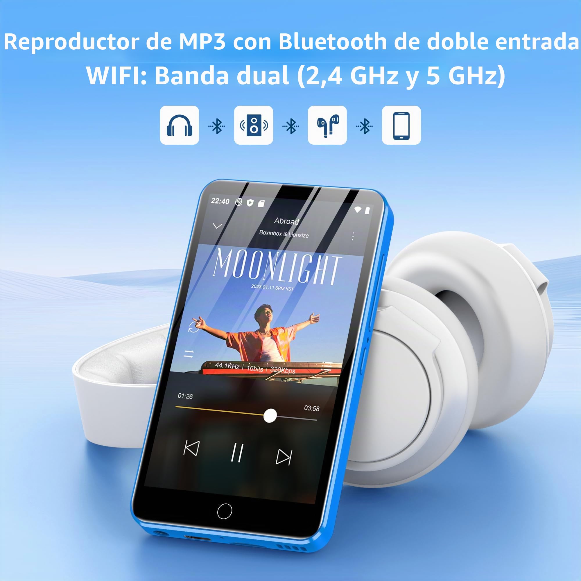 Reproductor MP3 Diofox de 80GB con Bluetooth y Wi-Fi, Reproductor MP3 Android Spotify, Amazon Music, Audible, Pantalla Táctil de 4 Pulgadas, Música en Streaming, Play Store, Radio FM, Deezer - Azul