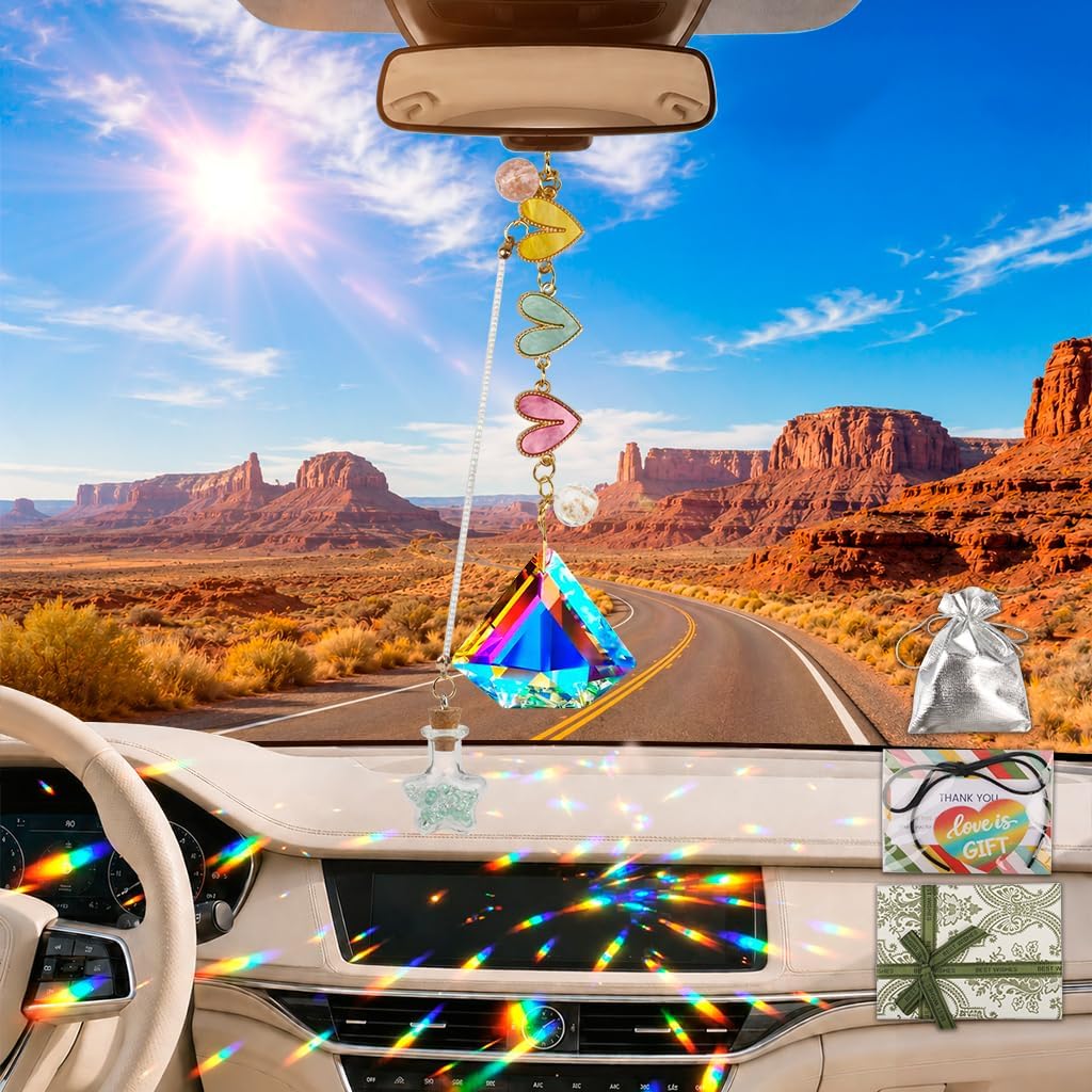 Geili Rearview Mirror Charm for Women,K9 Crystal Car suncatcher(Heart)