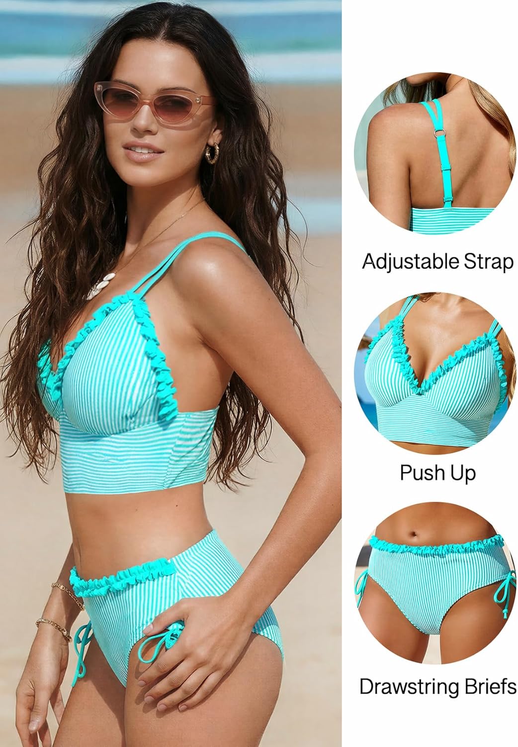 ROSEWE Womens Push Up Bikini Sets, V-Neck Top with Mid-Waisted Briefs, Two Piece Frill Swimsuits - Image 6