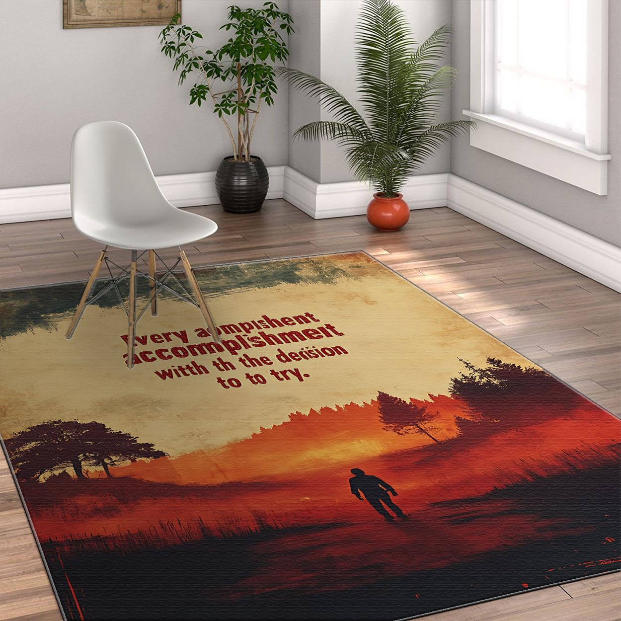 Inspirujący styl, 90 x 180 cm, dywanik, niskie runo, zmywalny, motywacyjny zachód słońca, krajobraz, mata podłogowa do salonu, biura, składana