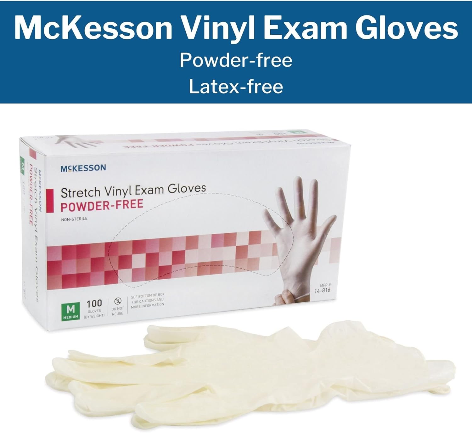 McKesson Stretch Vinyl Exam Gloves, Non-Sterile, Powder-Free, Medium, 100 Count, 1 Box