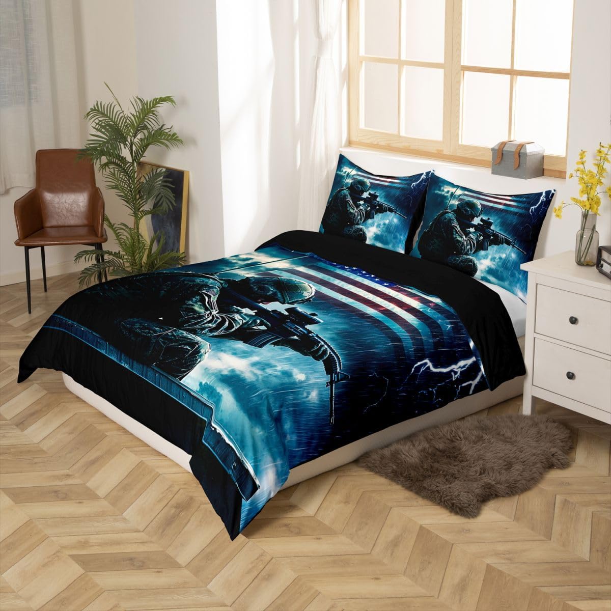 Erosebridal Camo Soldier Bedding Set Twin for Boys Teen Military Camouflage Vintage American Flag Comforter Cover Blue Lightning Retro USA National Flag Duvet Cover for Adult Kids Men Bedroom Decor