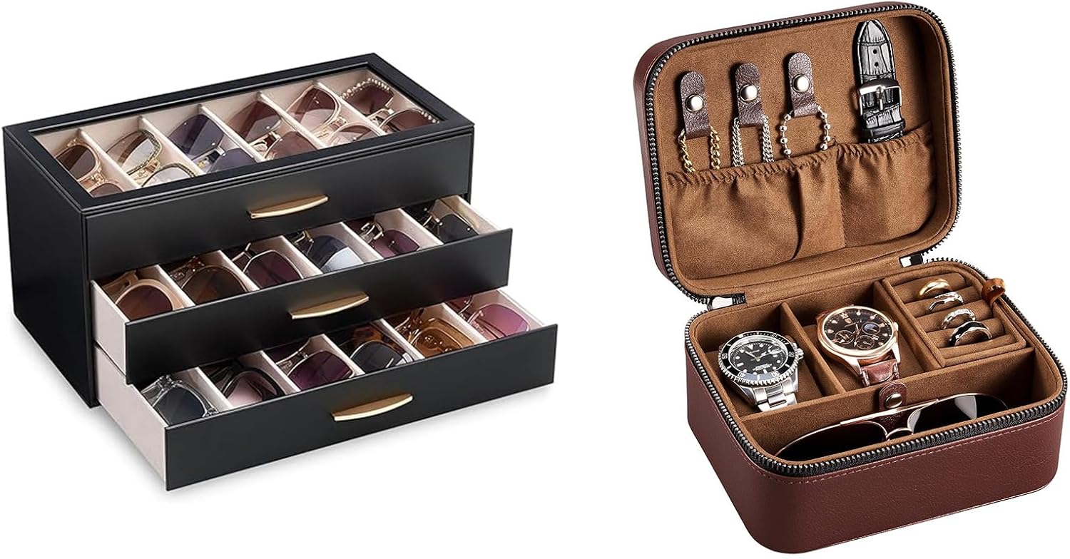 Lolalet Sunglasses Organizer Case and Brown 2 Slot Travel Watch Case Bundle, Clear Top Lid Display, PU Leather Watch Storage, Multifunctional Organizer for Watches, Jewelry and Eyewear