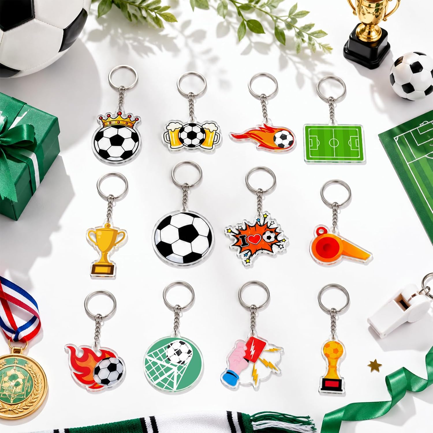 12 Pcs Soccer Acrylic Keychains Bulk, Sports Keyrings Party Favors for Backpack Decor, Birthday Team Gifts for Players, Men, Women, Kids