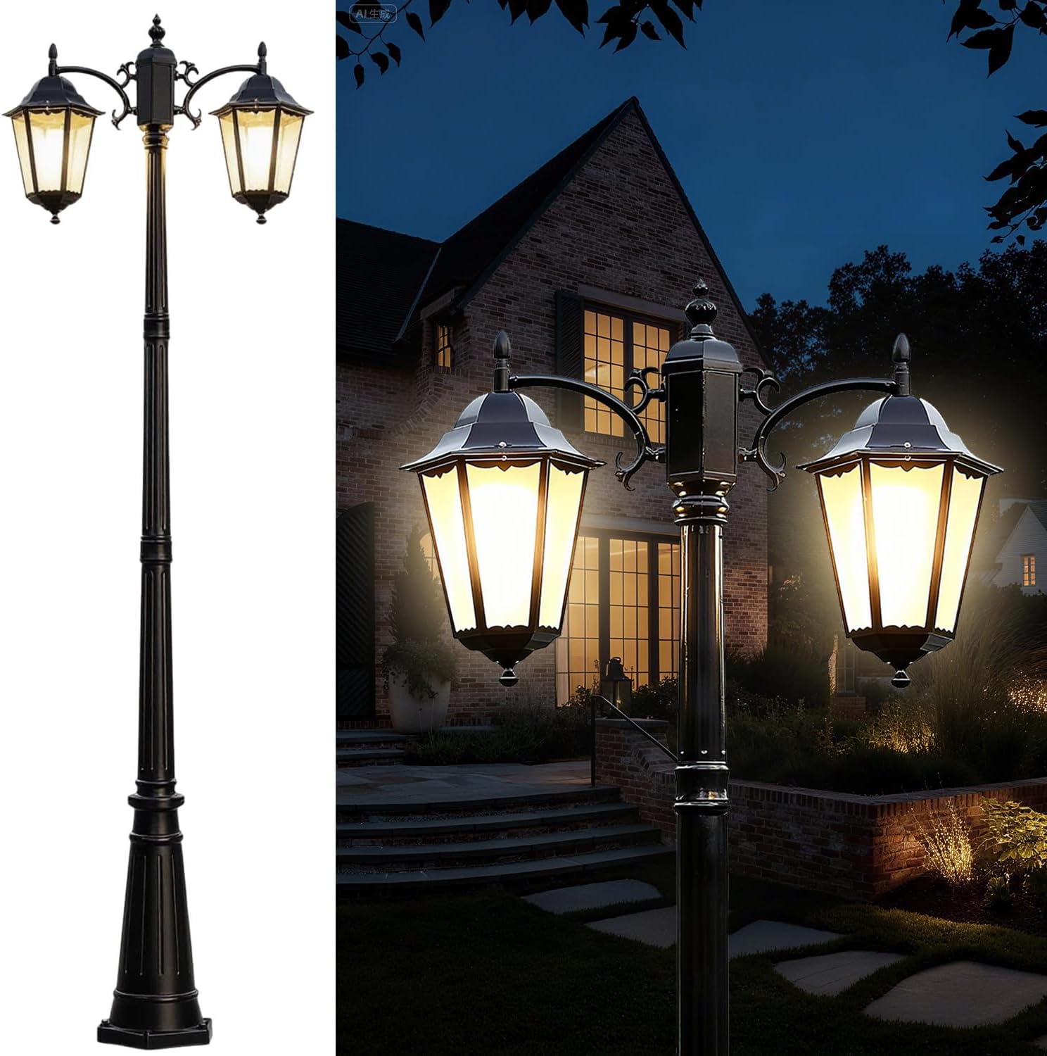 2-Head Outdoor Lamp Post Lights 94″ IP65 Waterproof Outside Black Street Light Pole with Clear Glass Shade Die-cast Aluminum Retro Pole Lights for Yard Garden Patio Path Driveway