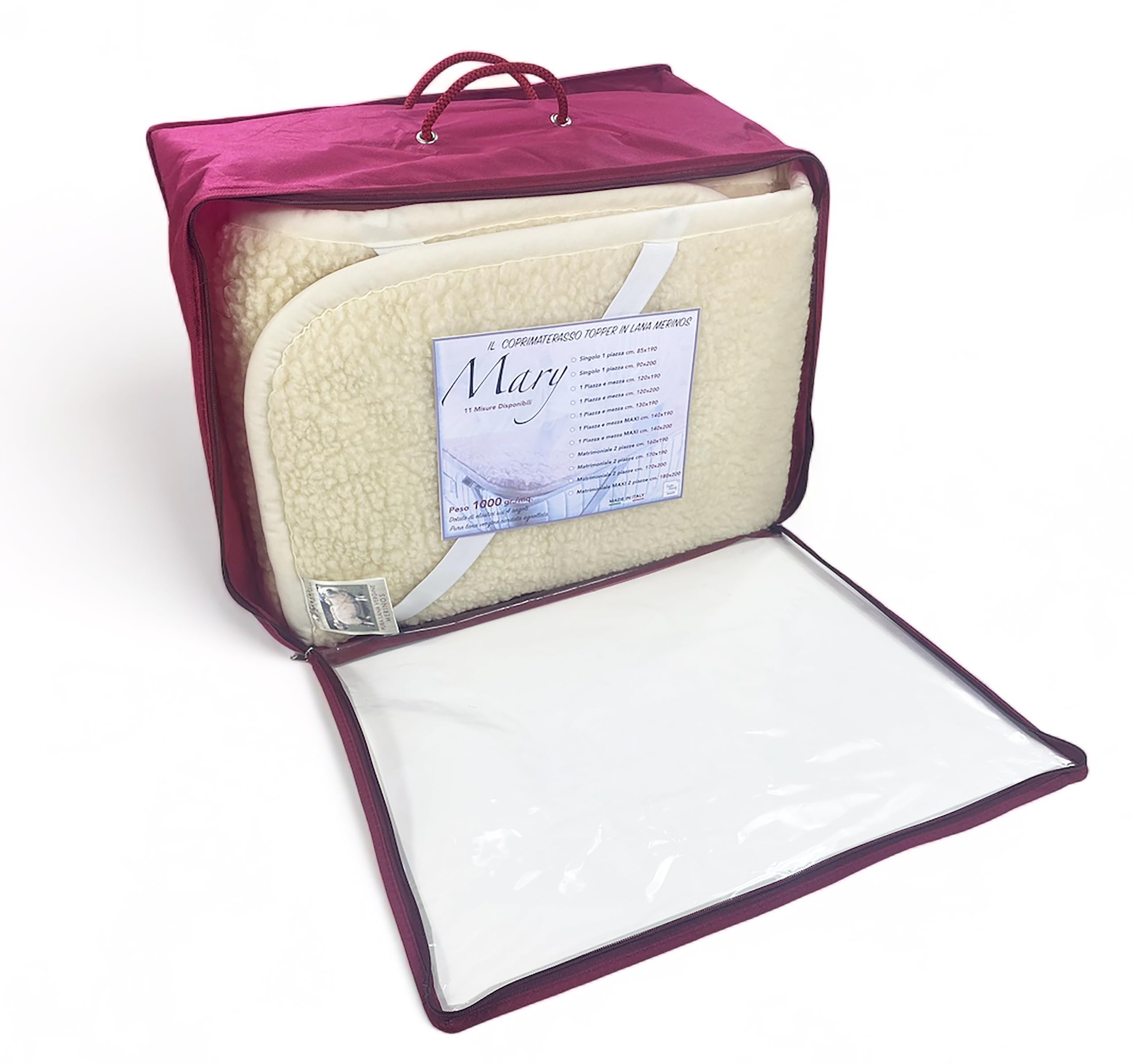 Tex family COPRIMATERASSO Topper Mary in Vera Lana Merinos 1000 gr. in 11 Misure Differenti - Piazza e Mezza Maxi cm. 140x200