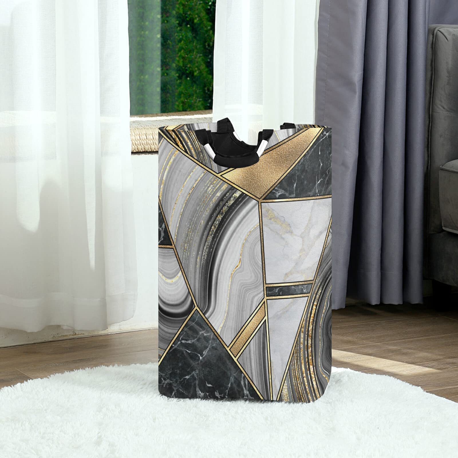 Marble Granite Agate Black Grey Gold Art Paint Marble Triangle Tiles Laundry Hamper Basket Bucket, Foldable Dirty Clothes Bag, Waterproof Fabric Washing Bin, Toy Storage with Handles for Bathroom