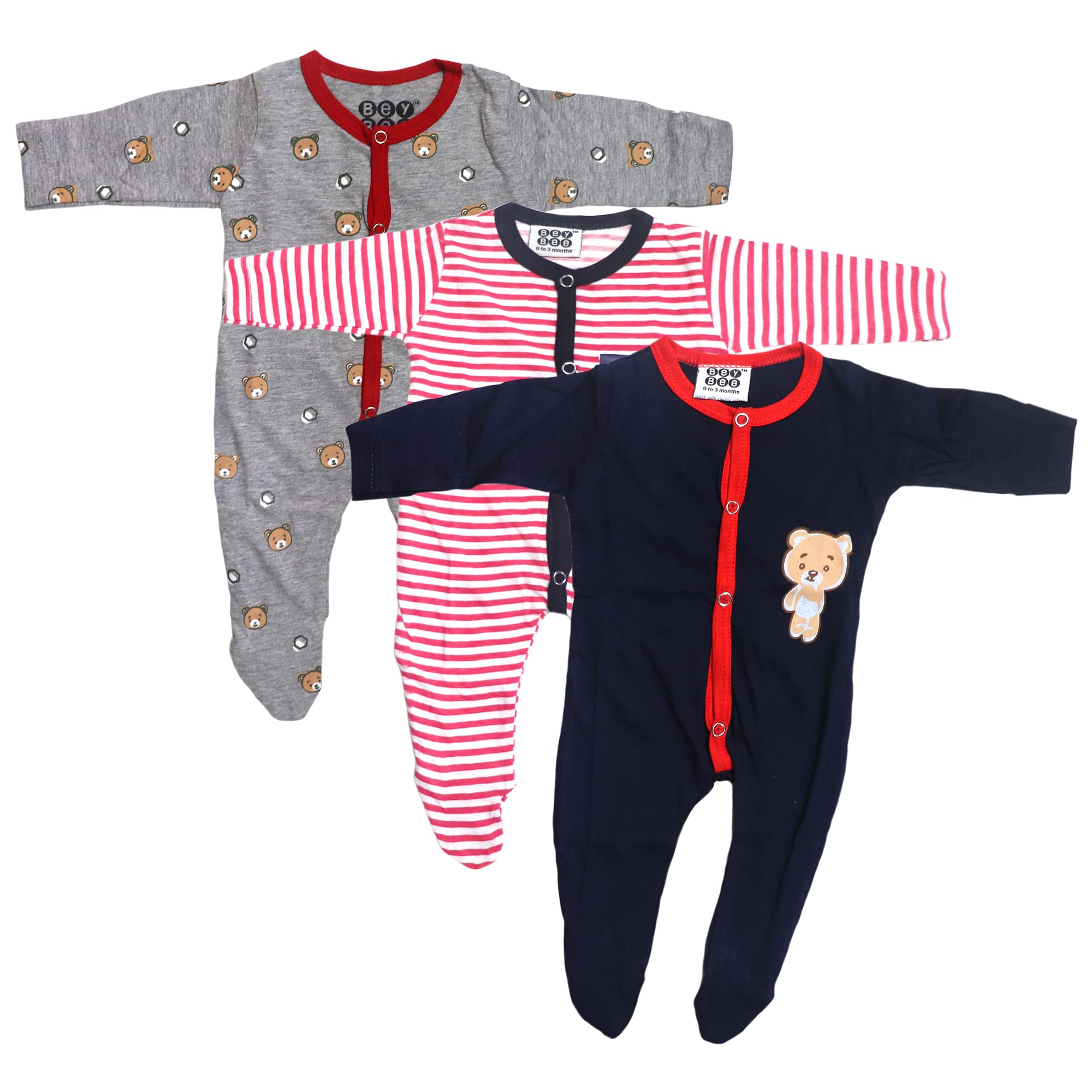 Bey BeeFront Open Full Sleeves Sleepsuit with Foot Easy Dressing Romper Set of 3 for (6-9 Months) Jumpsuit, Nightsuit
