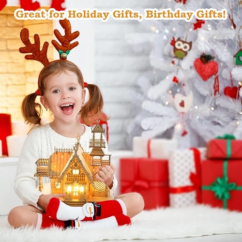 Miniatura 3 de QBTTeCe Rompecabezas de madera 3D para adultosniños, 267 piezas LED de castillo de madera, rompecabezas 3D, rompecabezas de modelo, kits de