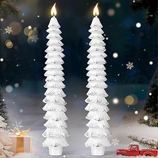 2 Pcs 10 Inch Christmas Tree Candles, Premium Natural Unscented Beeswax Christmas Tree Shaped Taper Candles with Cotton Wick, for Xmas Holiday Decor Party Banquet(White with Silver Trim)