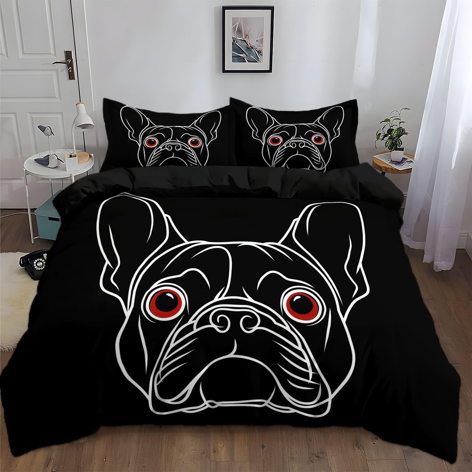 Poszwa na kołdrę 240 x 220 cm czarna dwustronna pościel dla dorosłych z zamkiem błyskawicznym, poszwa na kołdrę 2-osobowa buldog anime minimalistyczne linie, 2 poszewki na poduszki 65x65 cm