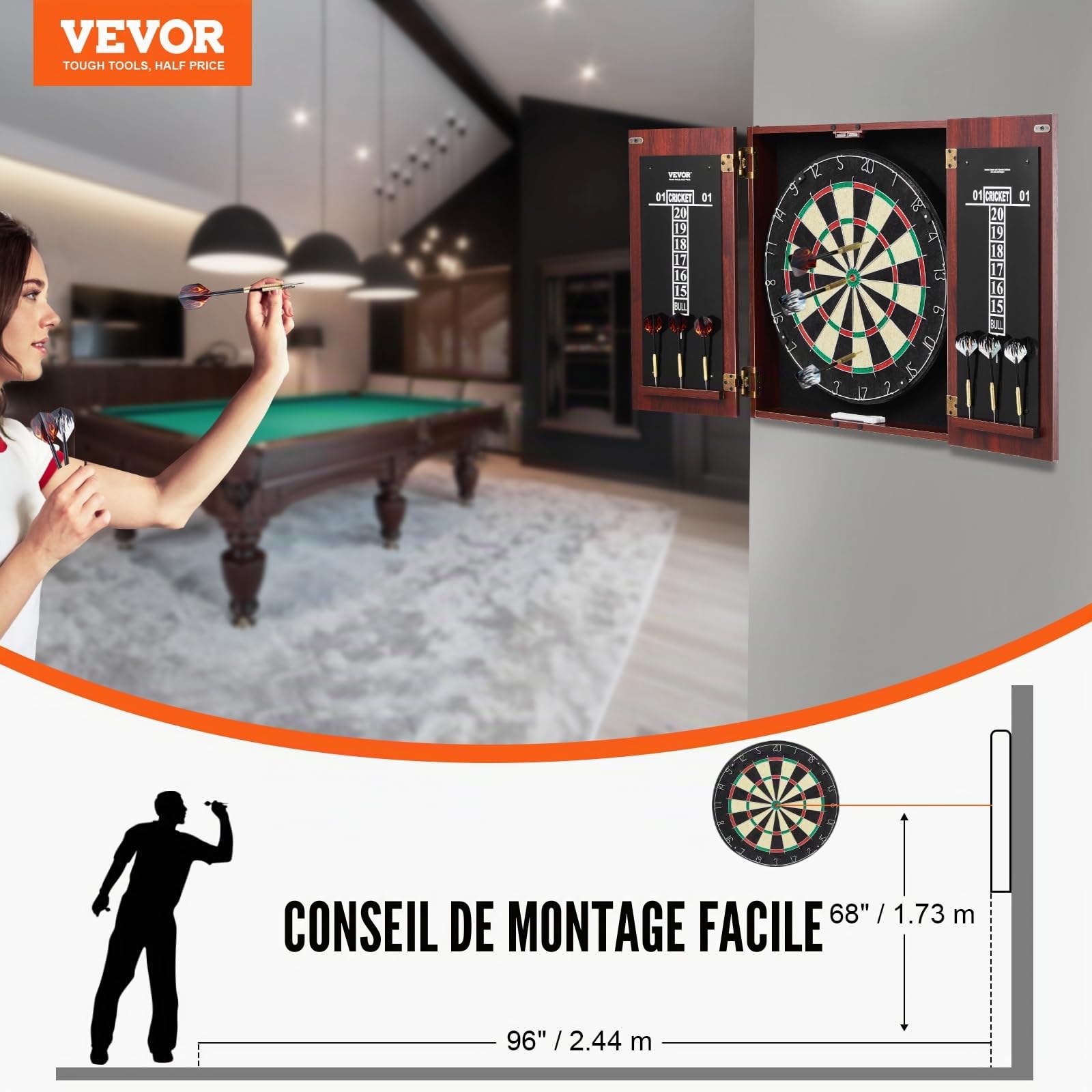 VEVOR Cible de Fléchettes et Armoire Prêt à Jouer, Armoire à Fléchettes de Taille Officielle, Jeu de Fléchettes à Pointe en Acier, Assemblage Facile, Accessoires Complets, pour Jeux de Cricket