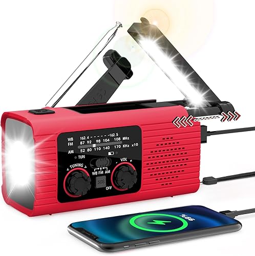 Radio de emergencia, radio de manivela solar para suministros de huracanes, AMFM NOAA Radio meteorológica portátil 2000mAh con linterna LED, banco