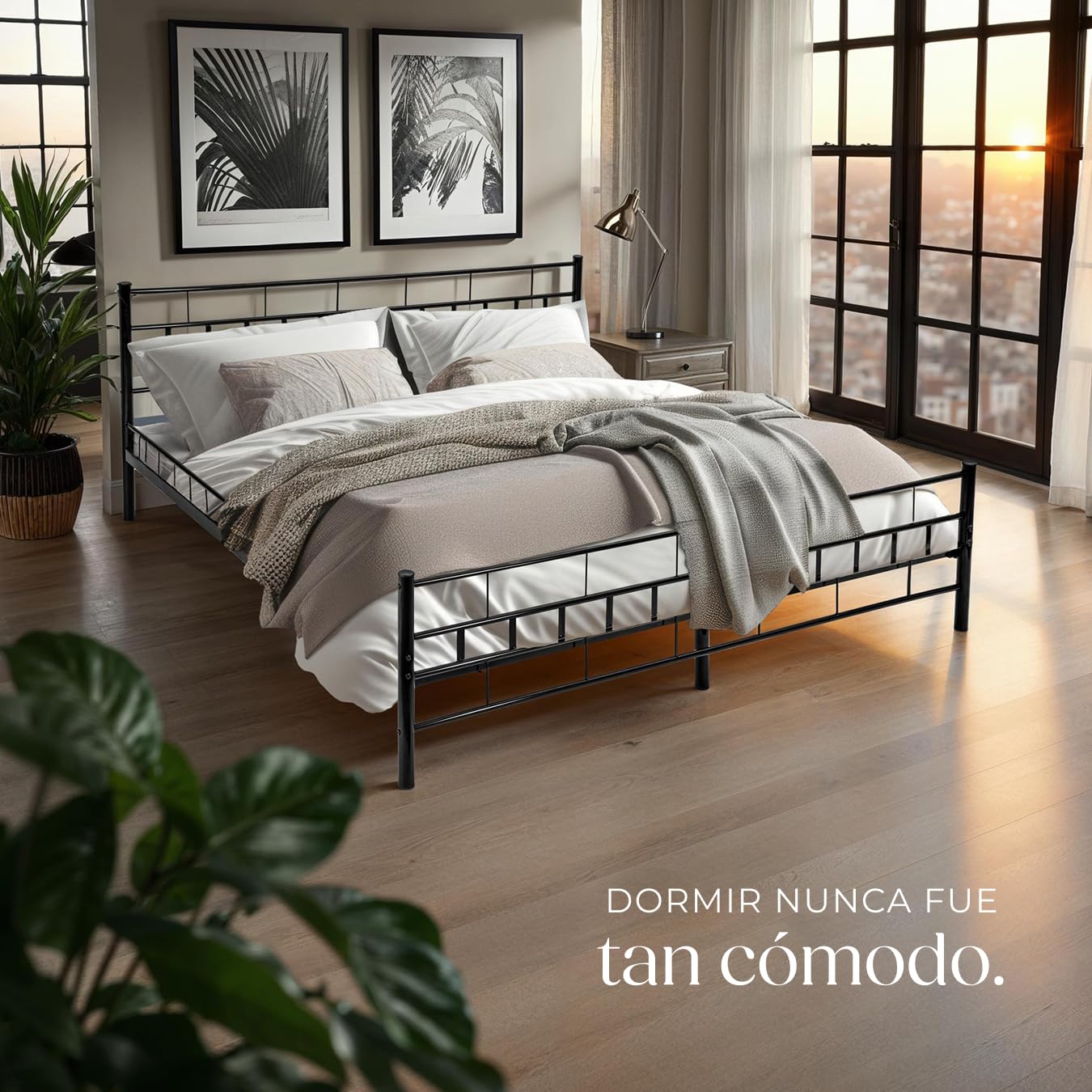 tectake® Cama Matrimonio Estructura de Acero Robusto con Somier de Láminas de Madera, Muebles de Dormitorio, Cama Completa, Resistente, Fácil de Limpiar, Base de Cama - 180 x 200 x 76 cm Negro