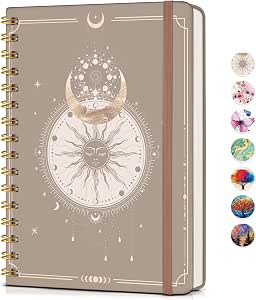 PAPEJOON Lined Spiral Journal Notebook for Women, A5 Hardcover, 150 Pages, Boho Sun & Moon Design