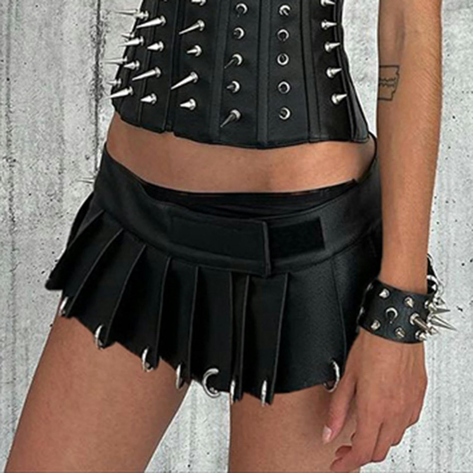 Falda Plisada Decorada De Metal Estilo Punk Oscuro Corta De Cintura Baja Negro