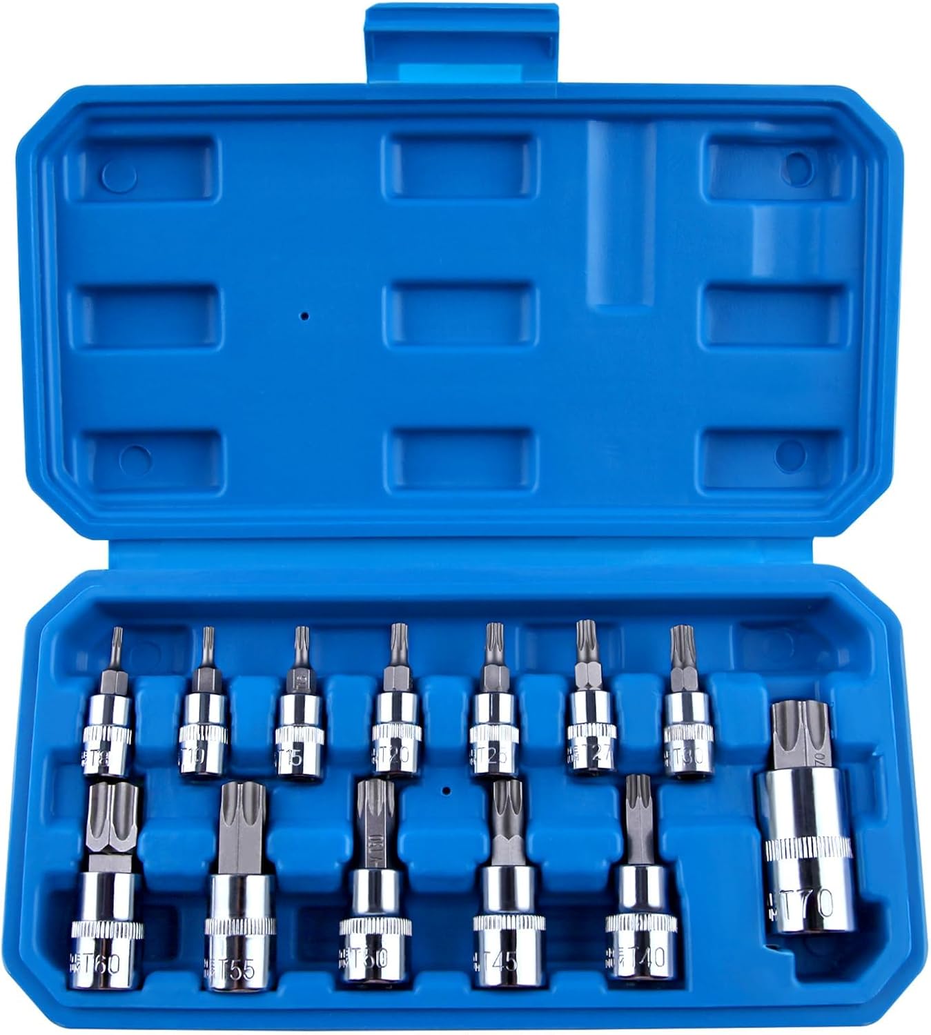 34 PCS Torx Bit Socket Set, E Socket Set E4-20, Torx Bit Socket Set T10-60, Tamper Proof Torx Bit Set TT10-TT55, 5/16"F to 3/8"M Adapter, with Storage Case For Hand Use Work On Auto Mechanic