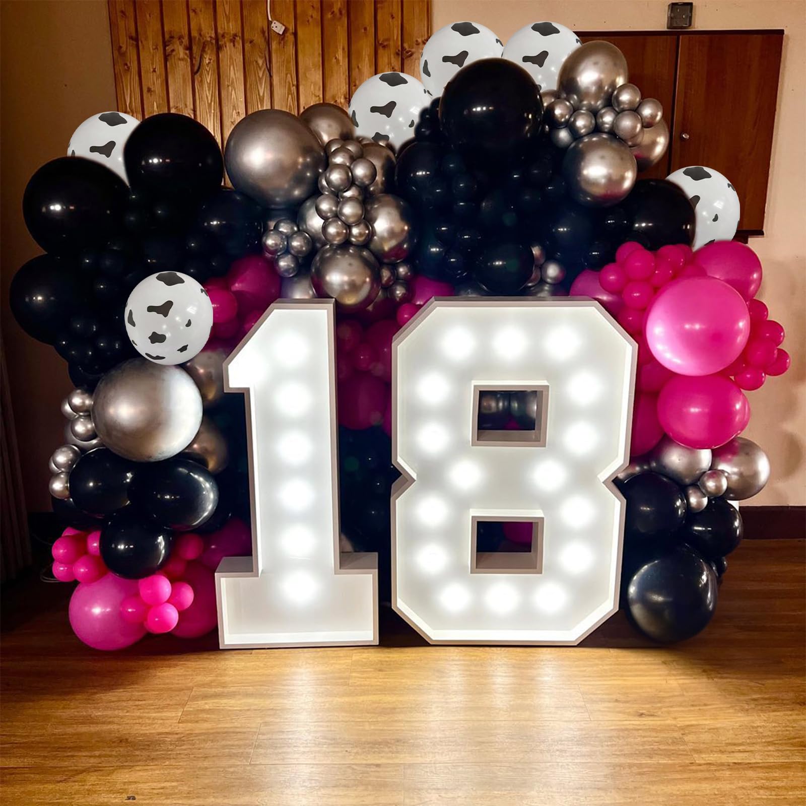 Hot Pink & Black Balloon Arch Kit, 110 Pcs Farm Cow Print Arch with Metallic Silver & Baby Pink Balloons, Cowgirl Farm Birthday Decoration