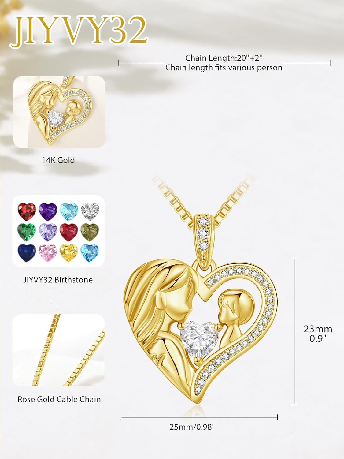 14 Gold Mom Birthstone Heart Necklace Mother and Daughter/Son Love Heart Necklace,I Love You Mom Gifts,Valentines Anniversary Birthday Gifts for Her Wife Mother Grandma Daughter/Son - Image 3