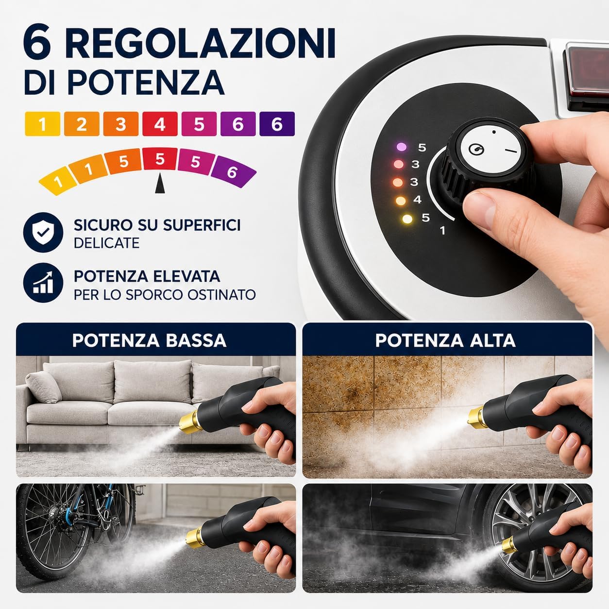 Pulitore a Vapore Portatile 2500W ad Alta Pressione – 6 Velocità Regolabili, Serbatoio 1200 ml, 3 Testine Incluse, Pulitore Igienizzante Alta Pressione– Riscaldamento 15 Secondi, Vapore Regolabile