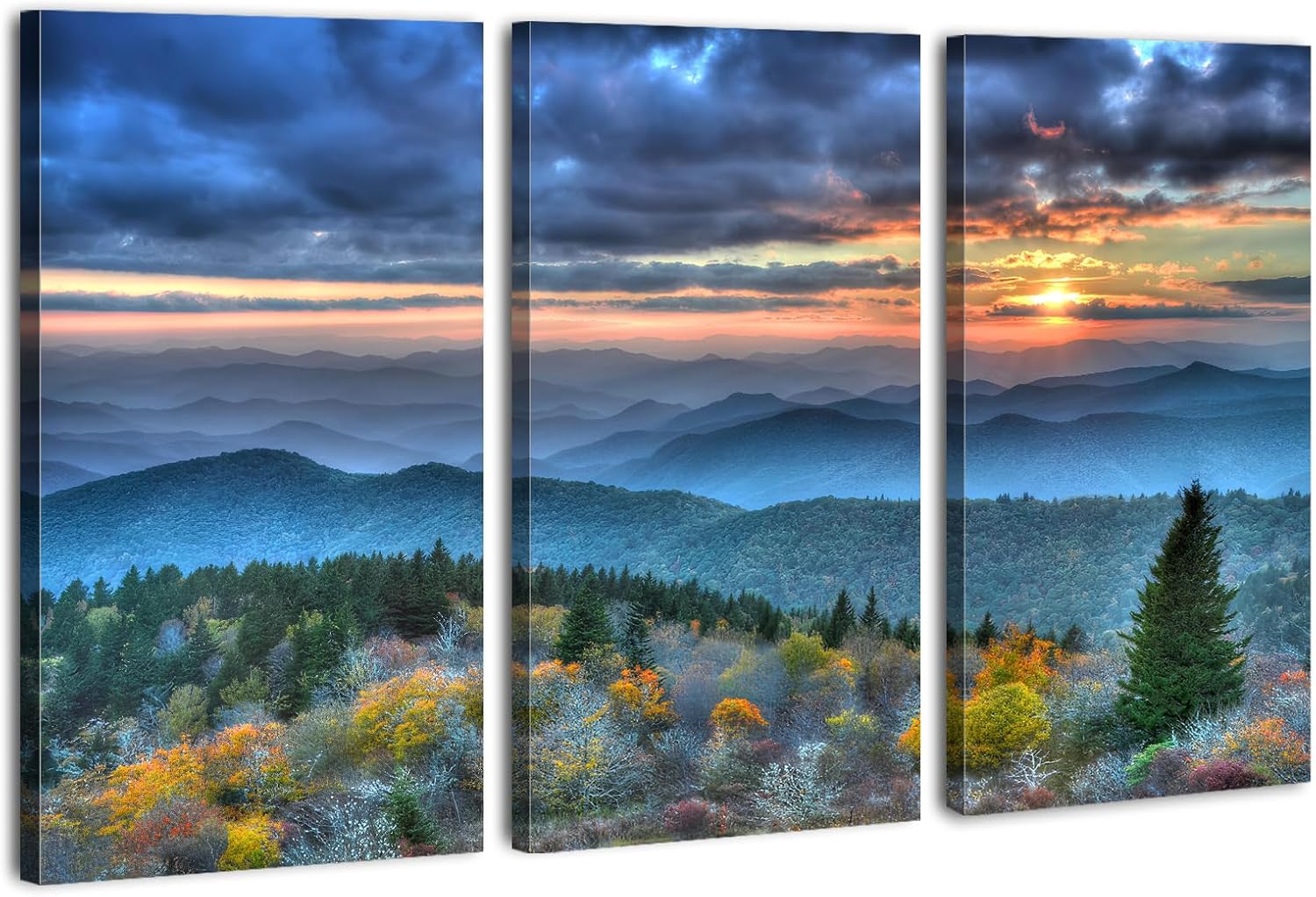 Blue Ridge Mountains Wall Art Sunrise Forest Pictures for Living Room Decor Smoky Mountains Canvas Prints National Park Posters Nature Woodland Artwork for Bedroom Office Home Decoration 16x32" 3Pcs 16x32"x3pcs Blue Ridge