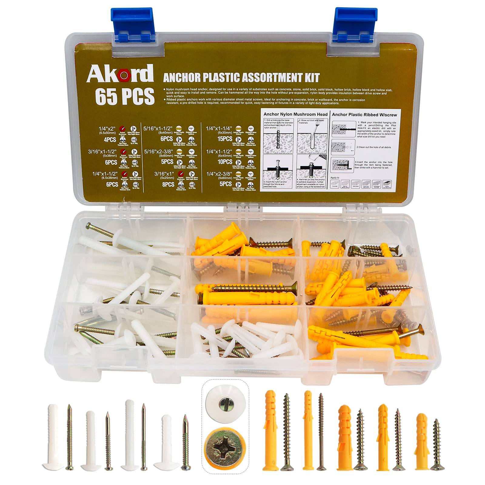 Buy Akord Anchor Plastic Assortment Kit 130PCS, Nylon Mushroom Head