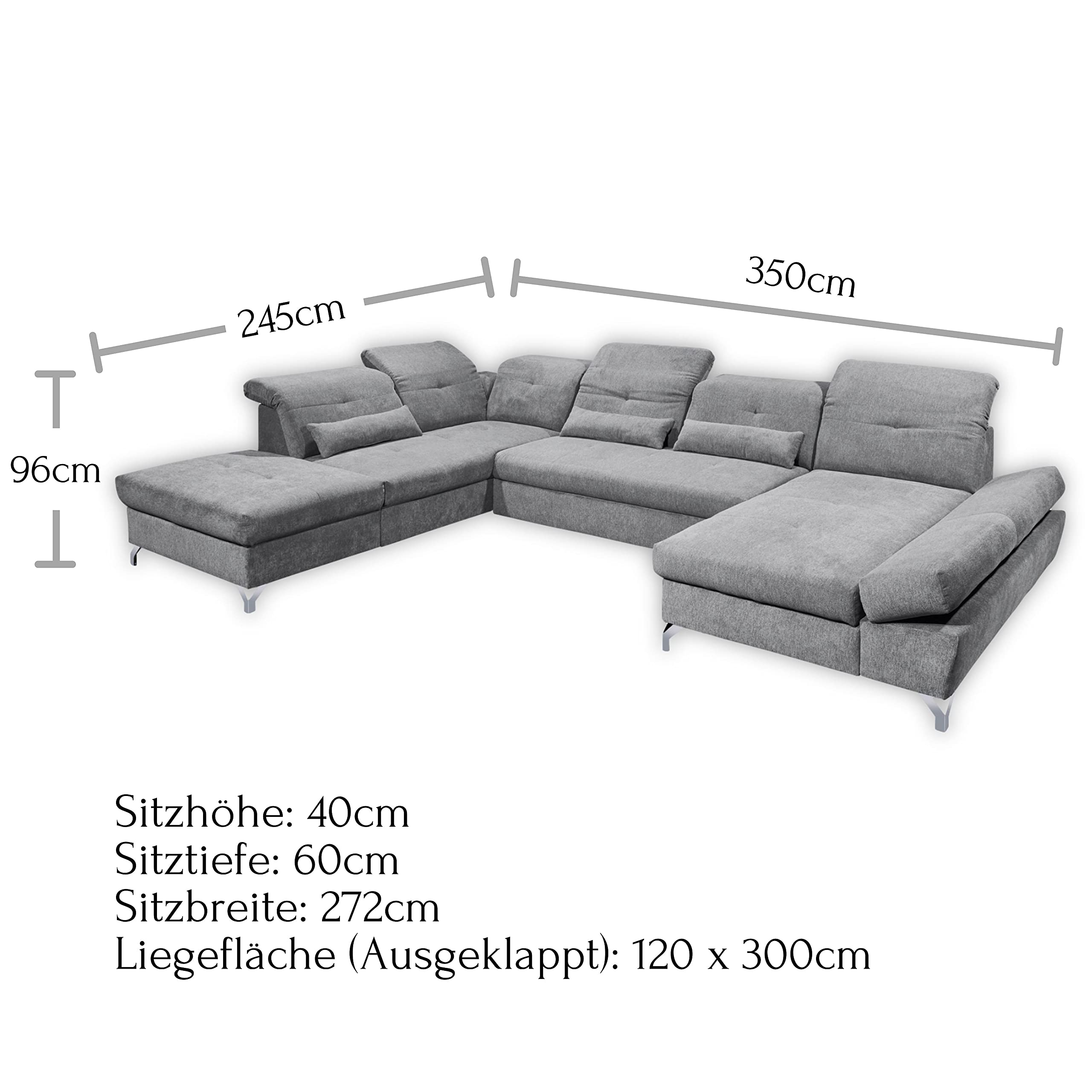 Stella Trading MELFI Wohnlandschaft in U-Form, Stoffbezug Schlamm - Ausziehbares Sofa mit Schlaffunktion & Bettkasten - 350 x 73 (96) x 245 cm (B/H/T)