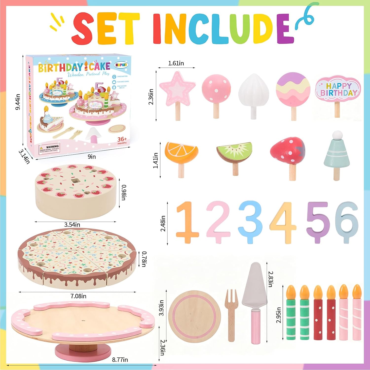HAPGFS Wooden Birthday Cake Toy Set, Realistic Birthday Cake with Candles and Fruits, Montessori Pretend Play Wooden Toys, Educational Play Food for Birthday Parties and First Birthday Gifts Pink