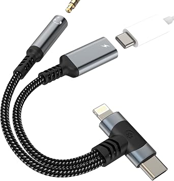 USB C Lightning to 3.5mm Headphone Jack Adapter2 in 1 AUX Audio Cable Dongle Charging Splitter for iPhone 16 15 14 Pro Max for iPad Compatible for Samsung S25 Earphone Microphone Converter