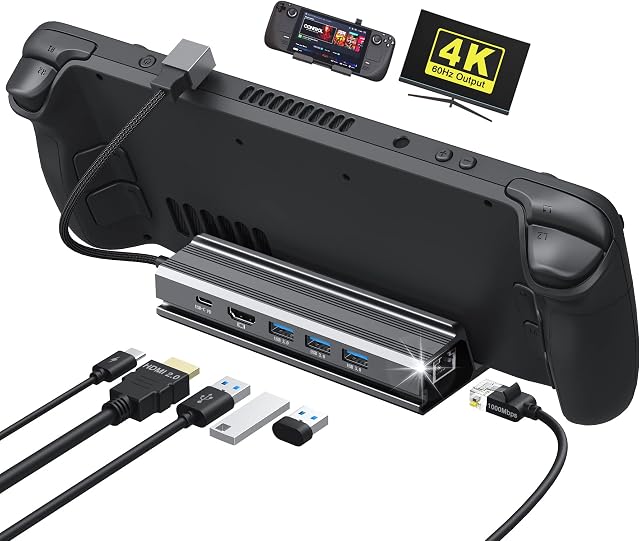 MoKo Steam Deck Dock 4K 60Hz Docking Station for Steam Deck 6 in 1 Hub Dock with HDMI 2.0, Gigabit Ethernet, 3 USB-A 3.0, Fast Charging Type C Port, Aluminum Stand for Valve Steam Deck Accessories