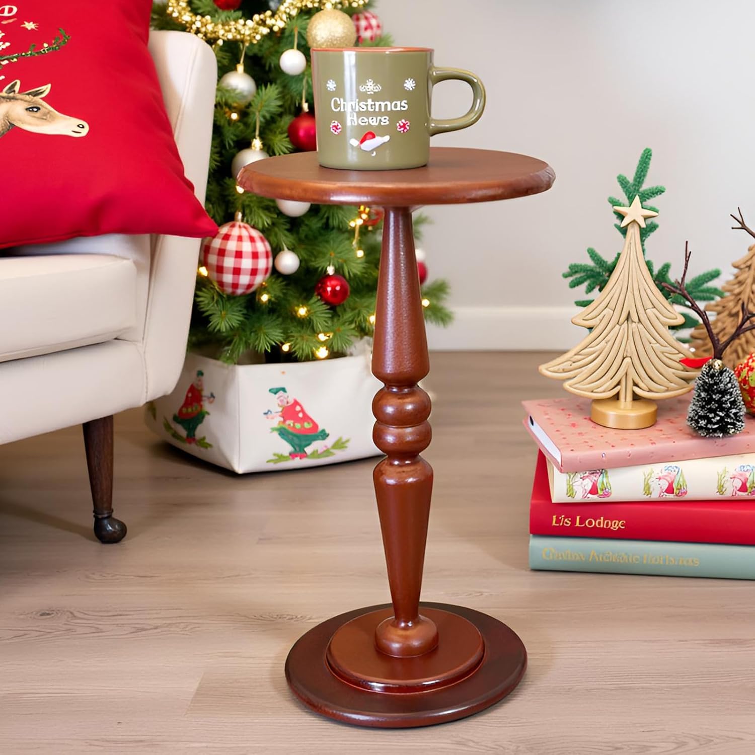 SwallowLiving Round Pedestal Side Table – Solid Pine Wood Drink Table for Small Spaces, 25" Tall Narrow End Table for Living Room & Bedroom, Vintage Brown Accent Furniture (12" Diameter)
