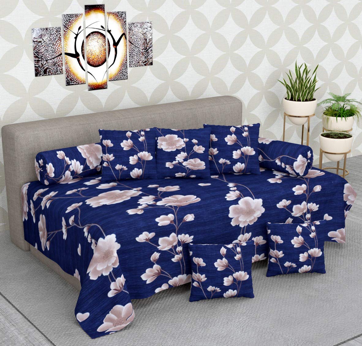 KIAAKSH Premium Look Diwan Set of 8 Pieces, 1 Single Bedsheet (Size : 60 X 90 in) 2 Booster Covers (Size : Standard) 5 Cushion Covers (Size 16 X 16 in) (Combo Pack of 8) (D-20)-image-38