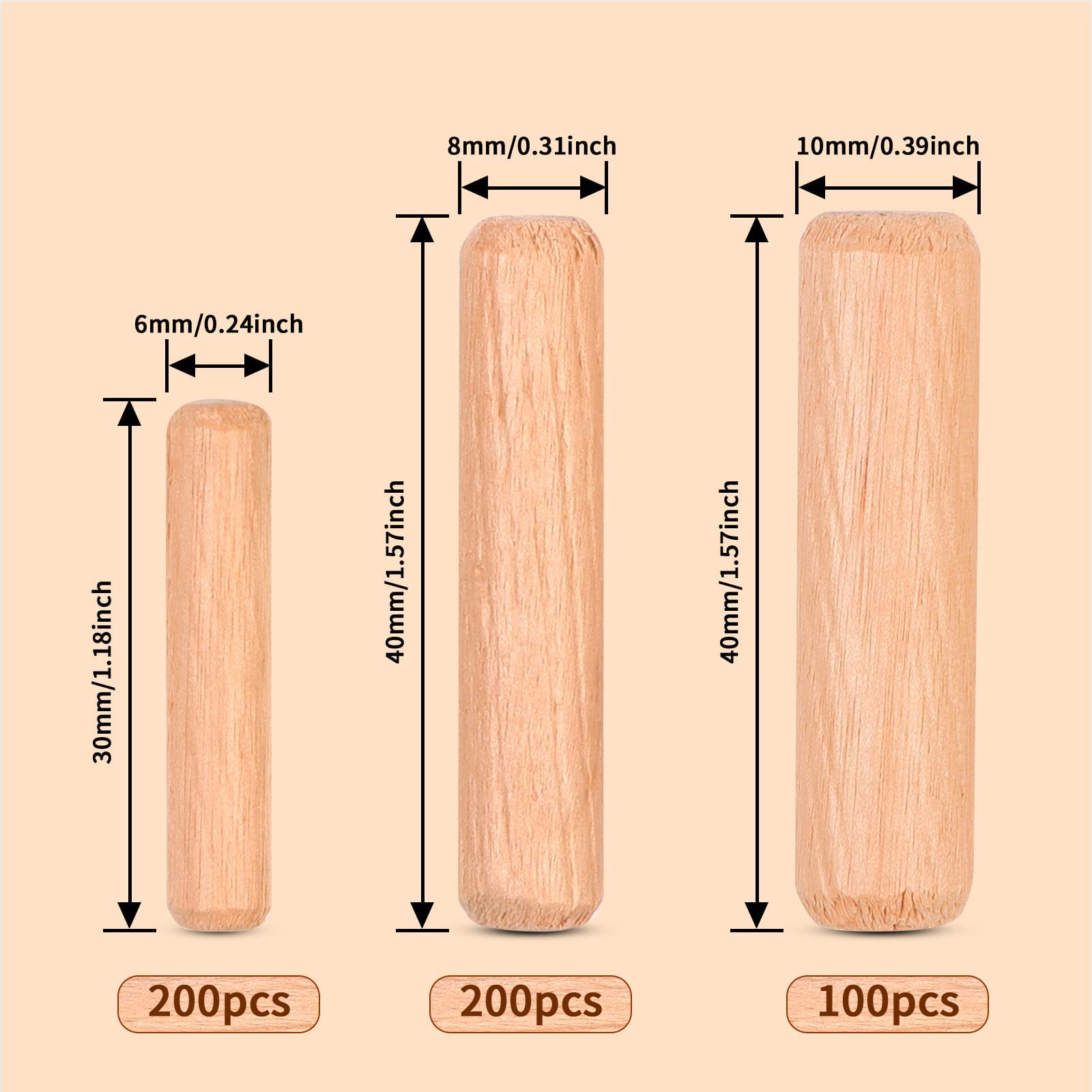 500 Pezzi Tasselli in Legno Scanalate in Legno 6mm 8mm 10mm Spine Legno Perni di Legno Duro Perno Scanalato Tasselli Perni Scanalati per Mobili, Progetti di Artigianato, Fai Da Te