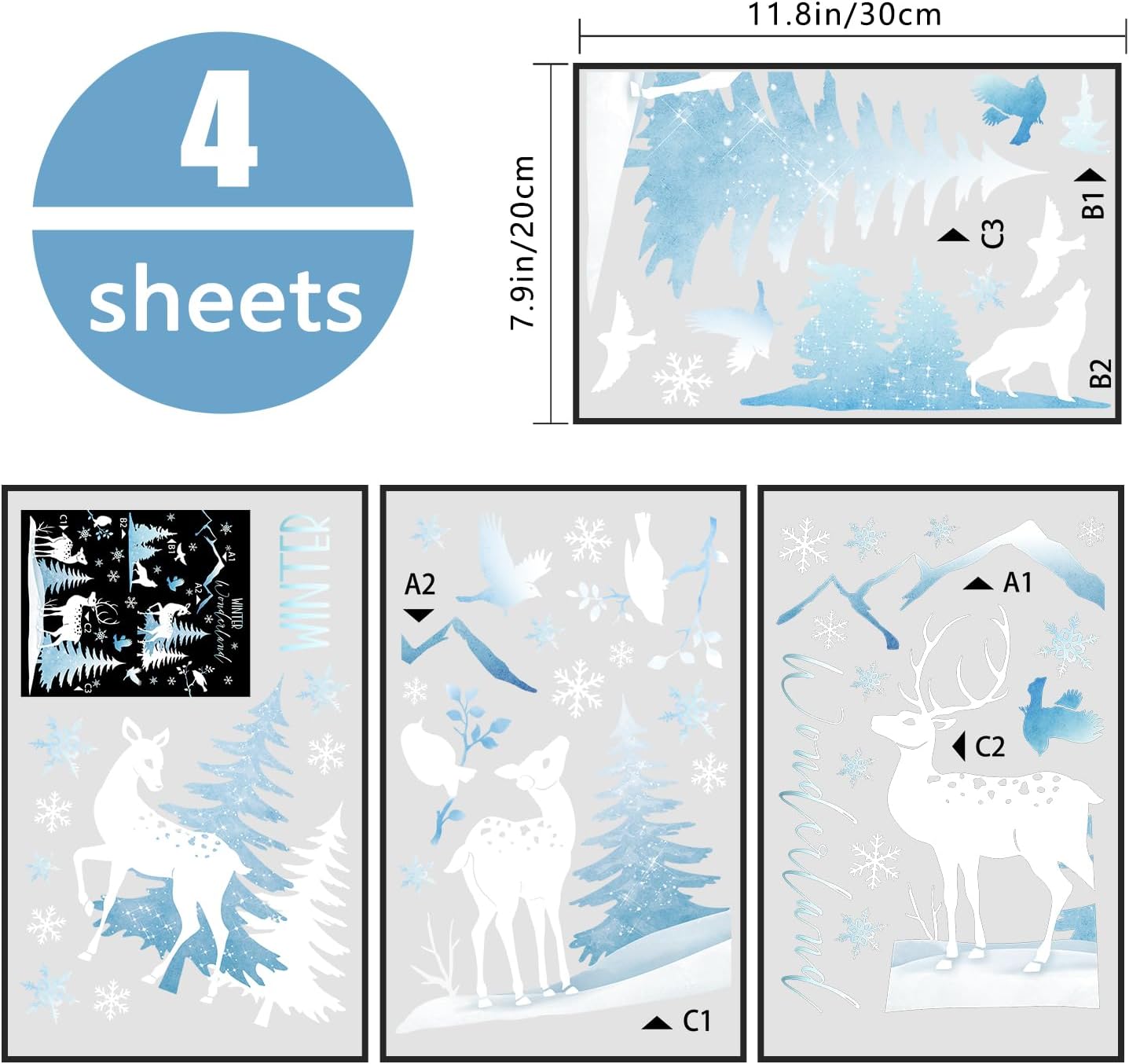 Yovkky Christmas Window Clings 4 Sheets, Winter Wonderland Snow Deer Elk Stickers Decals Decor, Xmas Tree Snowflakes Reindeer Holiday Home Kitchen Decorations