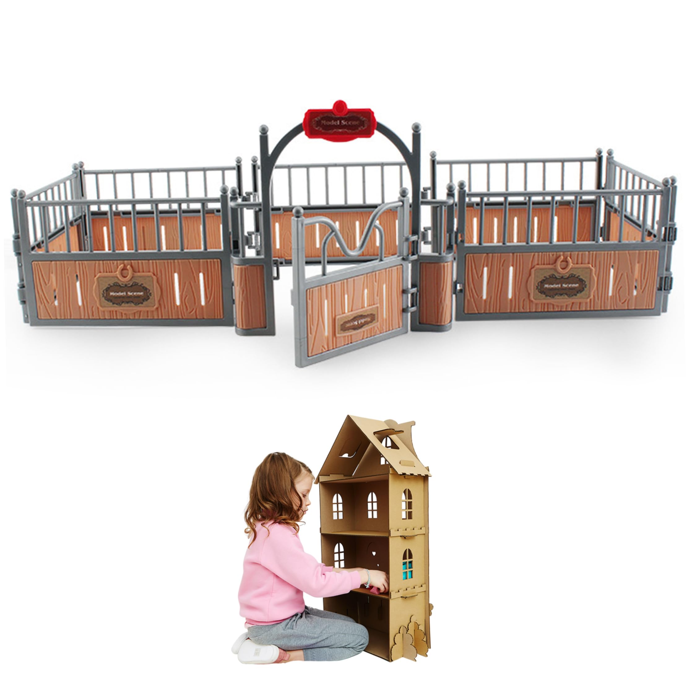 Pferd Stallset Zaun 17.3x7.9x5.9 '' Realistisches Plastik Pferdes Scheune Playset Zaun imaginär und kreatives Bildungsspielz
